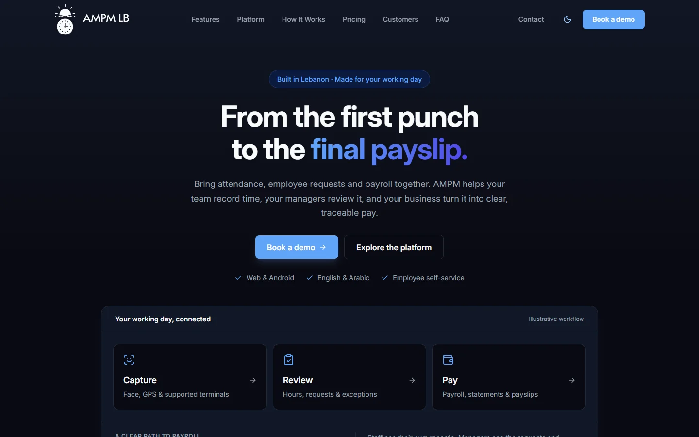 The ampmlb.com homepage, headlined “From the first punch to the final payslip.”